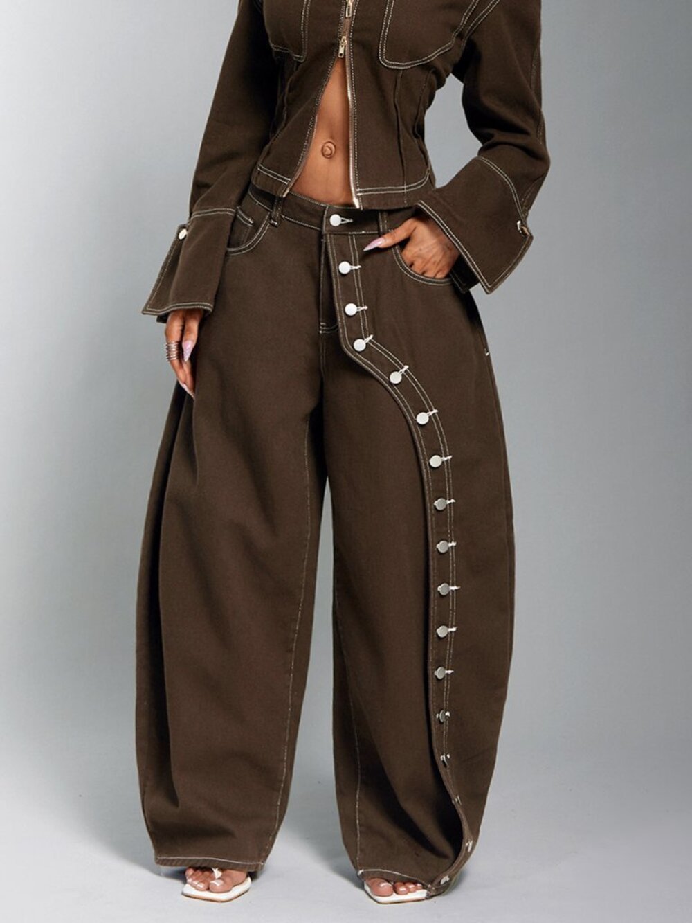 Mocha Brown Casual Women's Loose Low Waisted Plain Double Button Harem Jeans